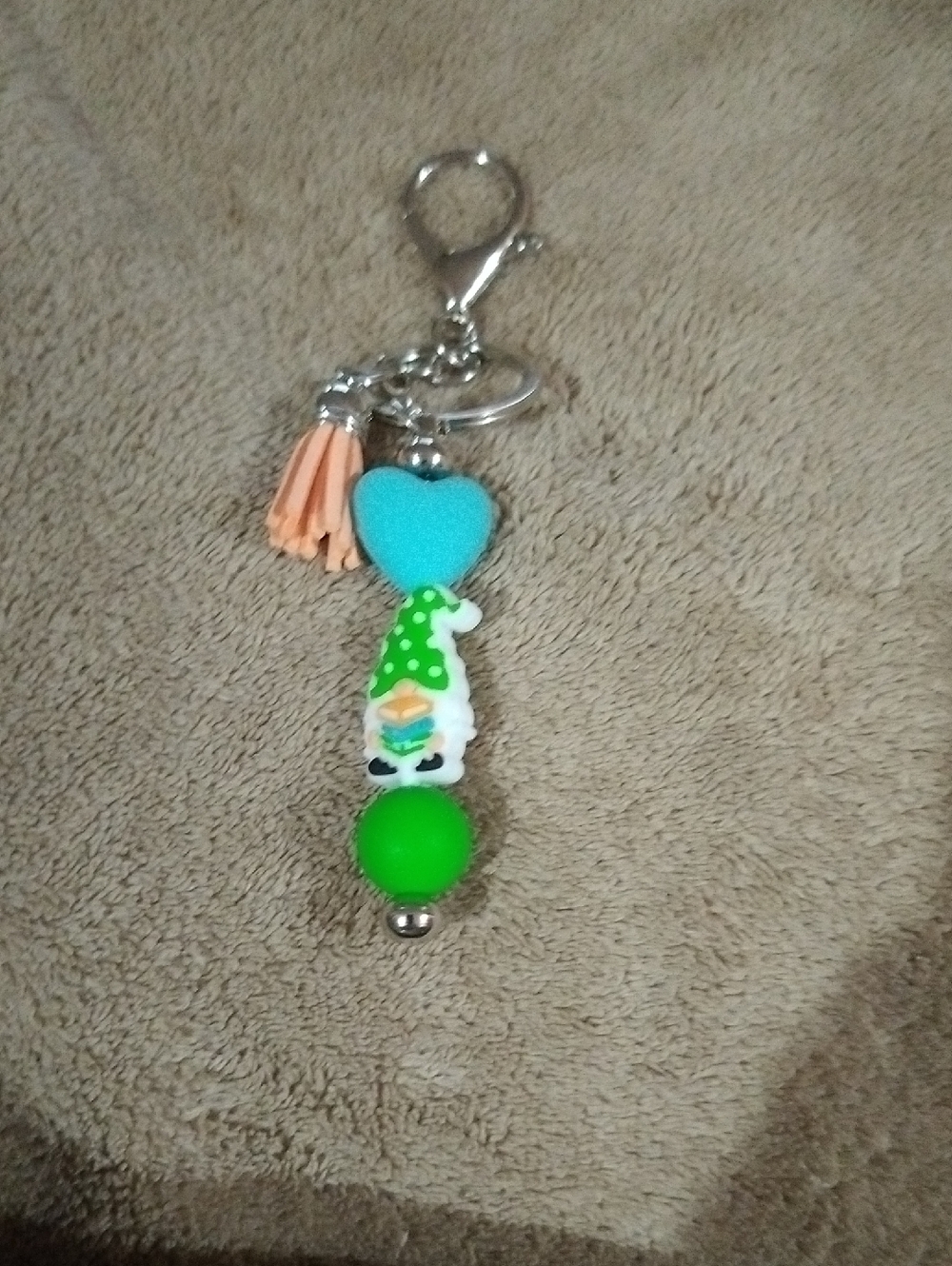 Tassel & Charm Keychain with Green Gnome and Blue Heart